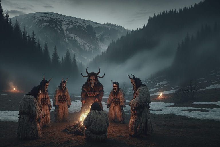 rituel ancien bulgare avec créatures cornues autour d'un feu en montagne