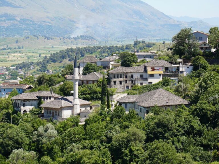 Scenic view of a traditional hilltop village with prominent mosque and lush greenery.