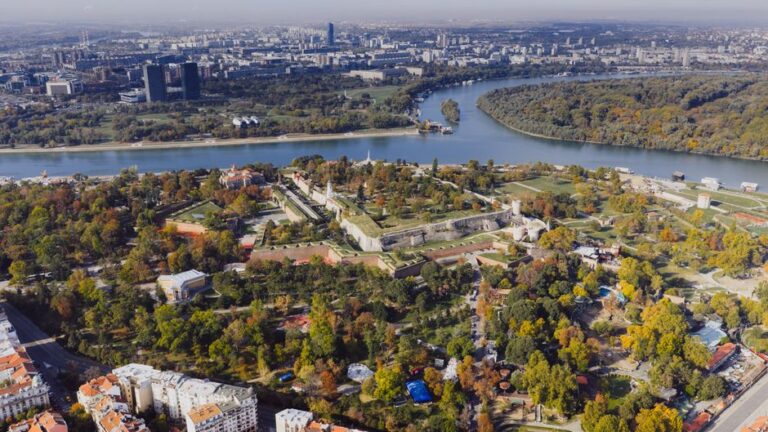 Stunning aerial shot of Kalemegdan Fortress and Danube River in Belgrade, Serbia.