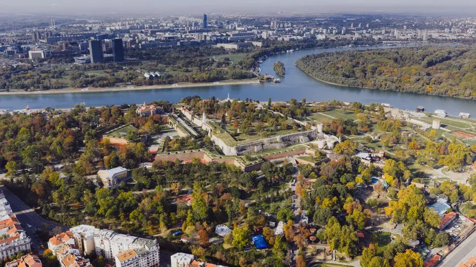 Stunning aerial shot of Kalemegdan Fortress and Danube River in Belgrade, Serbia.